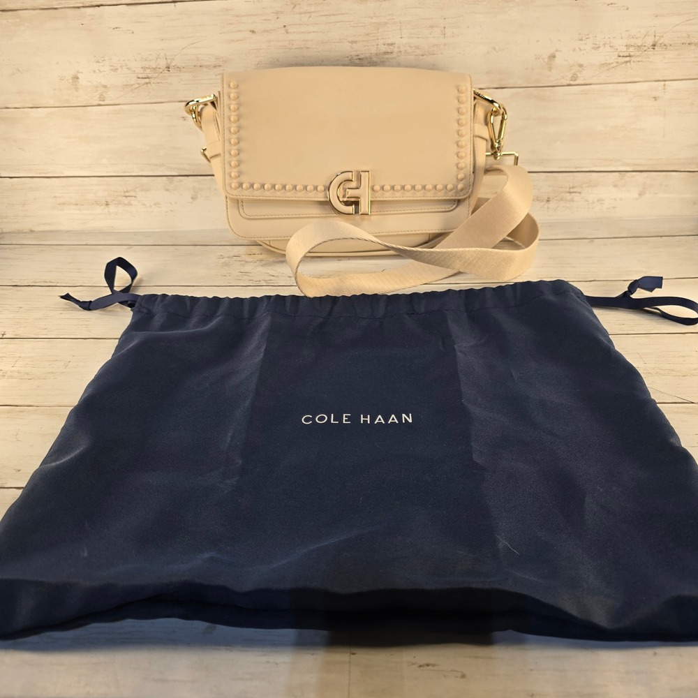 NWOT Cole Haan Grand Ambition Ivory Leather Studded Crossbody Bag Cream Gold H/W